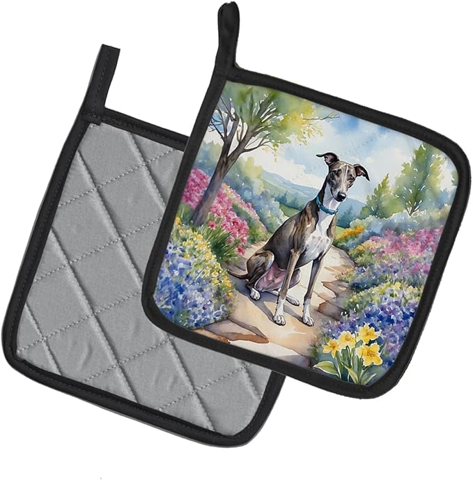 Caroline's Treasures Greyhound Spring Path Pair of Pot Holders Kitchen Heat Resistant Pot Holders Sets Oven Hot Pads for Cooking Baking BBQ, 7 1/2 x 7 1/2
