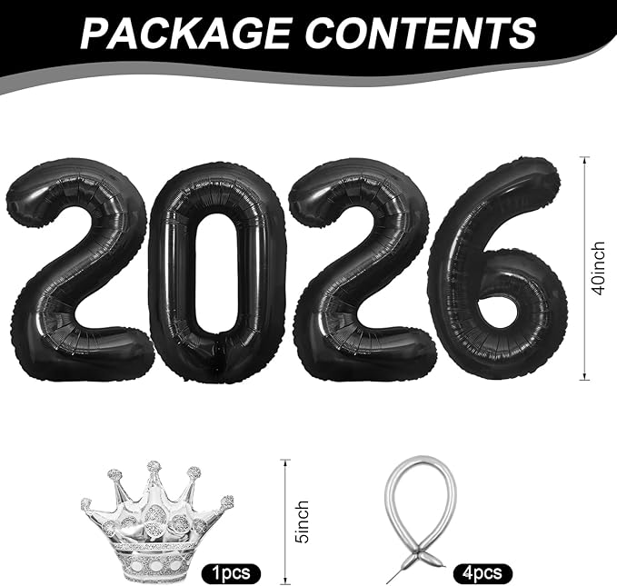 2026 Balloons Black,40 Inch 2026 Number Balloons with Foil Crown Balloons for Happy New Year Decorations New Years Eve 2026 Graduation Decorations Class of 2026 Party Supplies