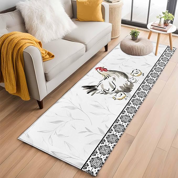 Runner Rug for Bedroom Hallway, Country Farmhouse Rooster Kitchen Runner Rugs Area Rug 2x6ft, Watercolor Animal Flower Pattern Washable Soft Floor Carpet for Entryway Stair