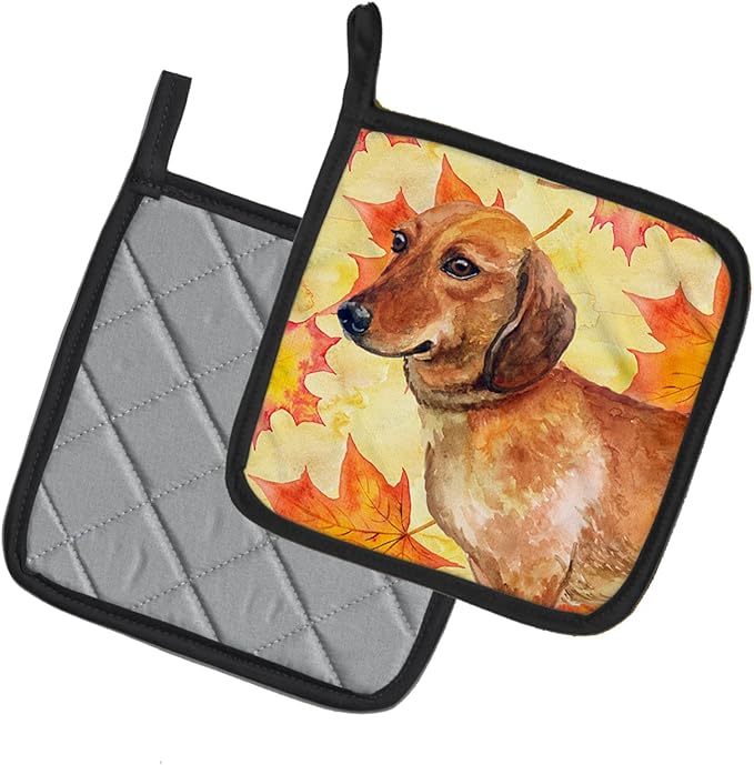 Caroline's Treasures BB9913PTHD Dachshund Fall Pair of Pot Holders, Yellow Kitchen Heat Resistant Pot Holders Sets Oven Hot Pads for Cooking Baking BBQ, 7 1/2 x 7 1/2