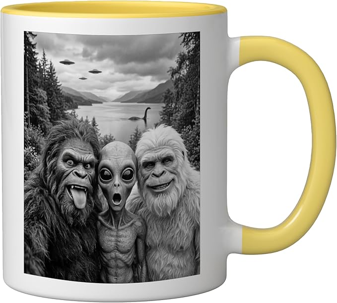 Bigfoot Alien Loch Ness Monster UFO Selfie Funny Cryptid Art Ceramic Mug, Yellow/White