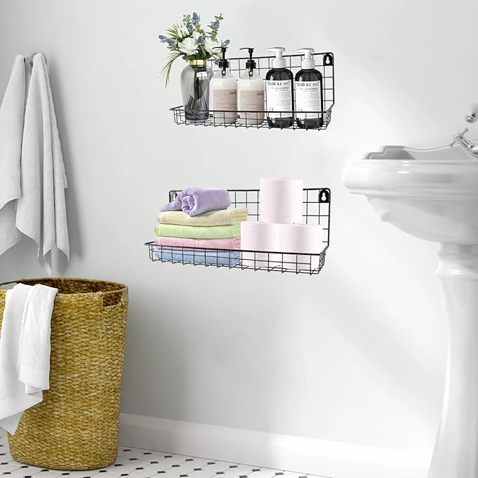 2 Pcs Hanging Wall Wire Baskets,Shower Caddy Shelf Organizer Rack,Wall Mounted Shelf for Kitchen Bathroom,Bathroom Organizers and Storage Baskets,Metal Wire Storage Bin Rack Organizer