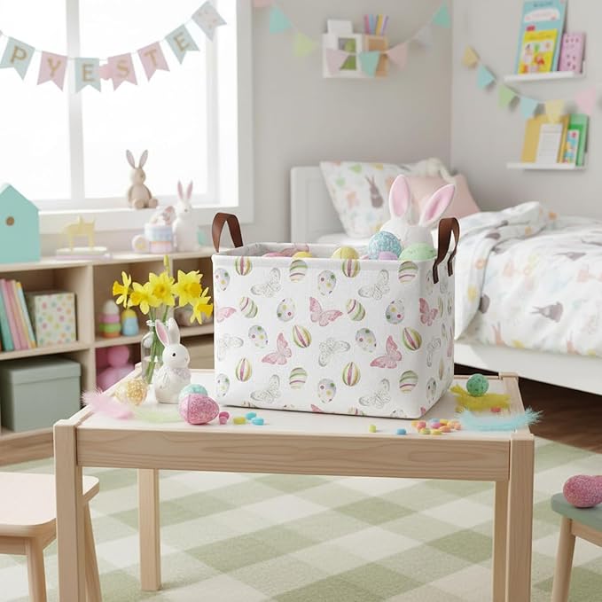 Large Rectangular Cute Kid Easter Basket Empty Bunny Eggs Easter Basket Gift Spring Room Storage Organizer Décor (E-01)