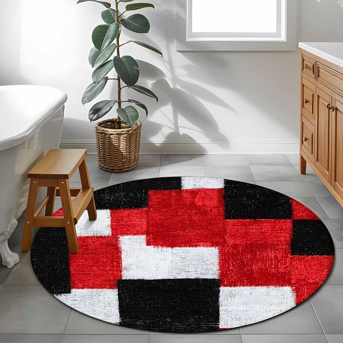Washable Round Area Rug Red Black White Gradient Circle Rugs Floor Carpet for Living Room Bedroom, Abstract Color Block Soft Non Slip Round Rug 3ft