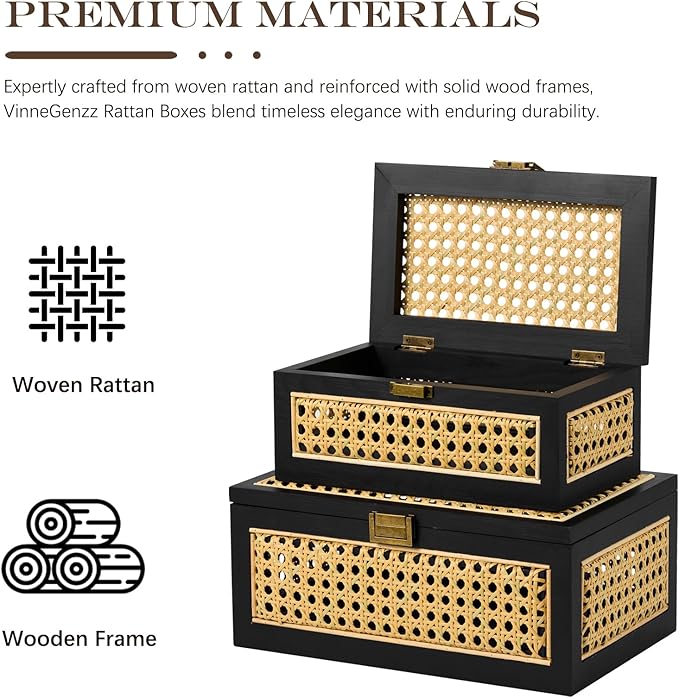 2PCS Rattan Storage Boxes Decorative Handmade Natural Wood Baskets with Lid Wooden Frame Boho Rustic Wicker Box Woven Cane Bins Shelf Closet Organizer Container (Black, 1 Large 1 Small)