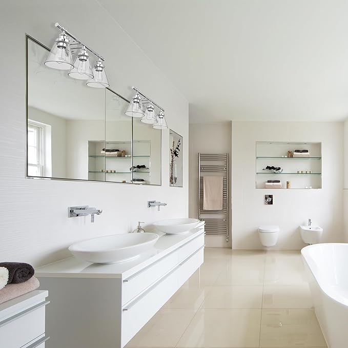 Globe Electric 51234 5-Piece All-in-One Bathroom Set, Chrome, 23" 3-Light Vanity Wall Light with Clear Glass Shades, Towel Bar and Ring, Robe Hook, Toilet Paper Holder, Beauty Room Accessories