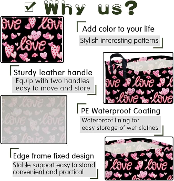 Rectangular Black heart,Valentines Basket,baby Gift Basket Empty,Pink Gift baskets with Handle Organizer,Hearts Print easter Baskets,Girl Room Decor(Sweet love)