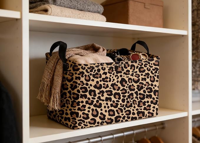 Essme Rectangular Kids Baskets,Leopard Print Storage Box,Cute Basket for Kids with Handles for Room Decor, Book Bins,Shelf Basket.(Leopard Print)