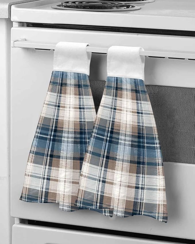 Alandar Home Kitchen Tie Towel Set of 1, Vintage Geometric Plaid Absorbent Soft Hand Towels for Bathroom Hanging Towels, Blue Brown Color Block Fast Drying Cleaning Cloth with Loop