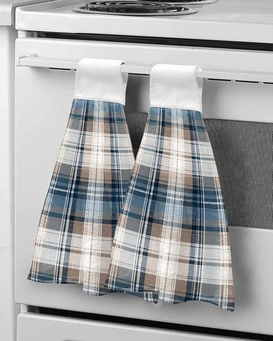 Alandar Home Kitchen Tie Towel Set of 2, Vintage Geometric Plaid Absorbent Soft Hand Towels for Bathroom Hanging Towels, Blue Brown Color Block Fast Drying Cleaning Cloth with Loop