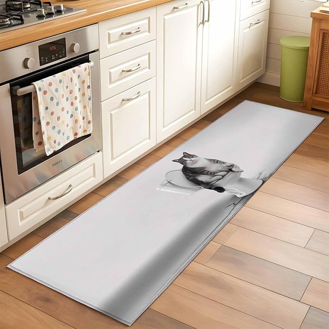 Runner Rug for Bedroom Hallway, Cute Funny Cat on The Toilet Kitchen Runner Rugs Area Rug 2x6ft, Animal Grey Art Washable Soft Floor Carpet for Entryway Stair