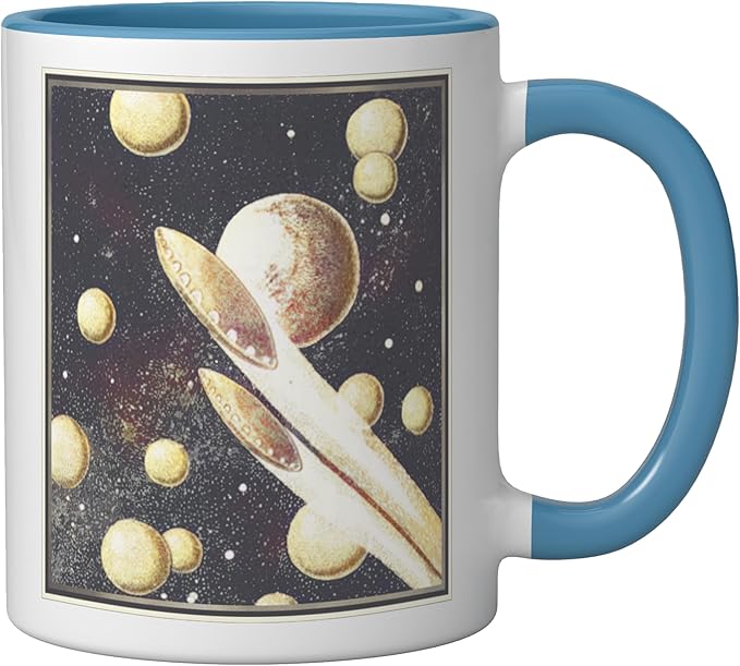Retro Sci-Fi UFOs Flying Saucers Through Space Ceramic Mug, Blue/White