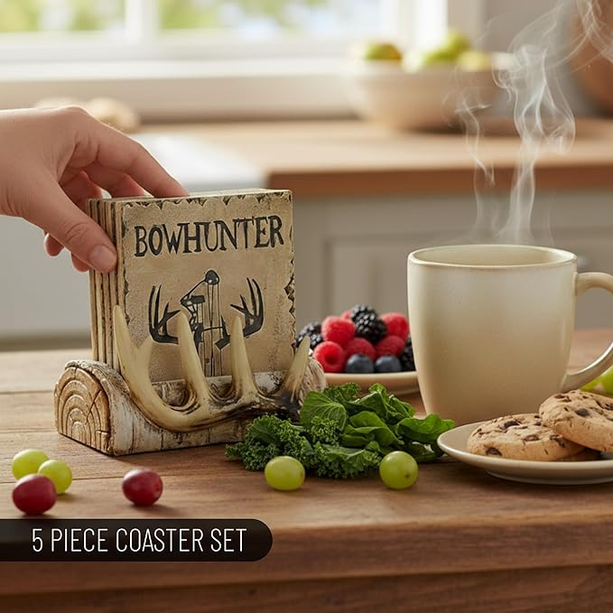 Pine Ridge Home Antler Wood Log Coaster Set with Holder - Bow Hunter Country Absorbent Coaster - Cabin Lodge Home Decor for Hunter Men - Man Cave Coasters Rustic Wood Decor Accent