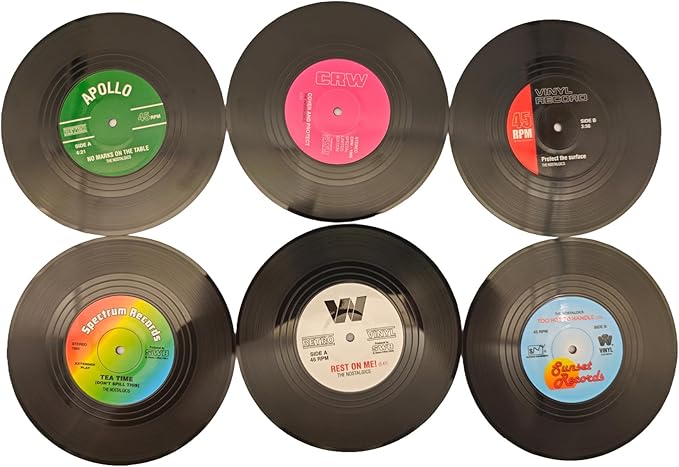 6-Coaster Set Retro Vinyl Coasters, Non-Slip & Heat-Resistant Cup Mats for Cold & Hot Drinks, Fits All Cup Types, Ideal Gift for Music Lovers & Retro Decor Fans (4.1 Inches)