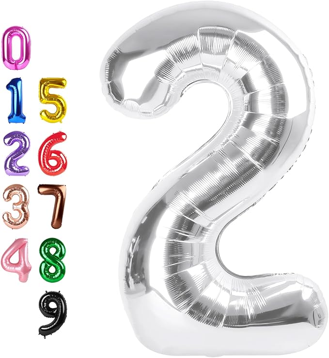Silver Birthday 2 Balloons Number, Two Balloon Numbers for Girl Boy Baby Shower, Numbers 40 Inch for 2 12 22 2025 Graduation Party Wedding Anniversaries Celebration