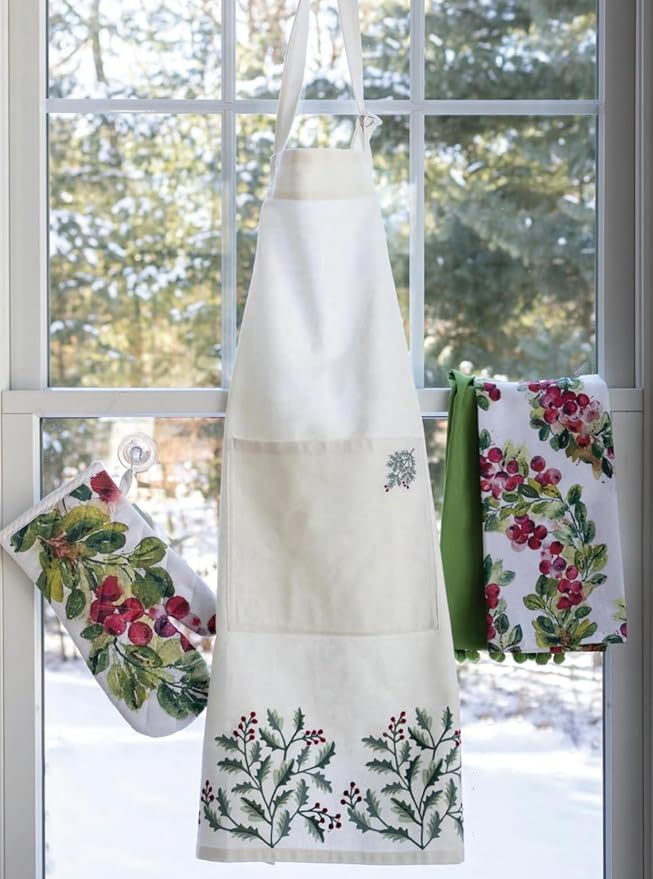 Boston International Apron with Front Pocket Premium Cotton Kitchen Cooking Baking Chef Gifts Aprons, One Size Fits Most, Holly