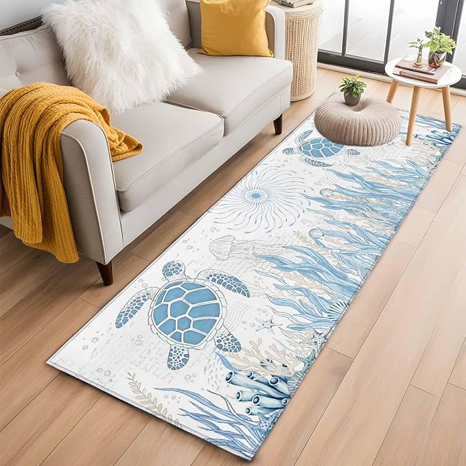 Runner Rug for Bedroom Hallway, Blue Sea Turtles Stars Corals Kitchen Runner Rugs Area Rug 2x6ft, Vintage Marine Life Washable Soft Floor Carpet for Entryway Stair