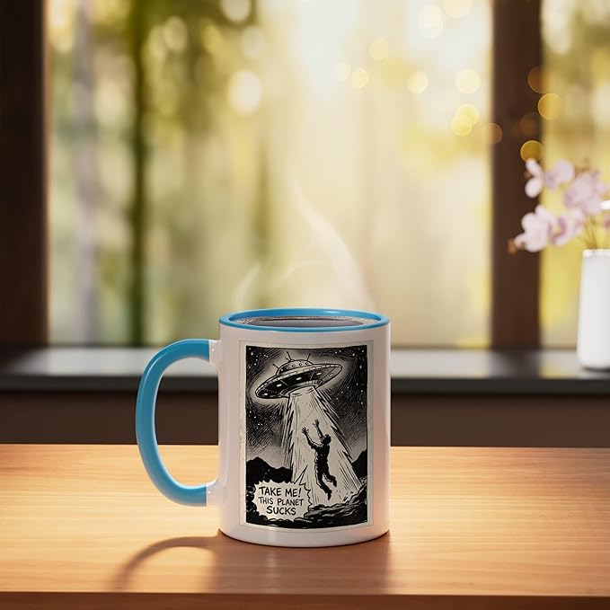 Take Me Alien UFO Abduction Funny Design Ceramic Mug, Blue/White