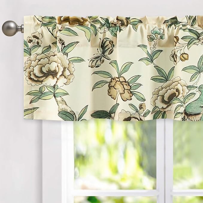 Leeva Short Floral Valance for Windows - Linen Textured Light Filtering Curtain with Rod Pocket, Farmhouse Dining Room & Bedroom Decor, 52x12 Inches, 1 Pack