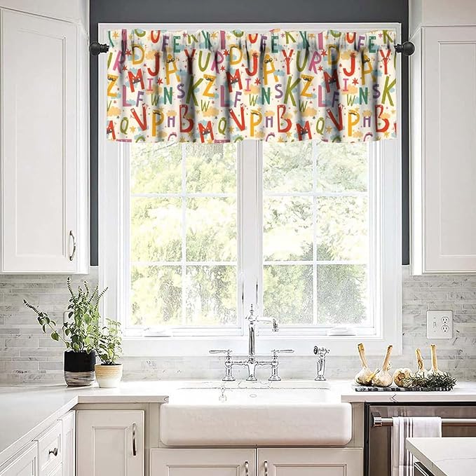 Kids Alphabet Valance Curtain, Cartoon Funny Educational Learning Tool Short Window Treatment for Kitchen Bedroom Nursery Classroom Decor, 54x18Inch