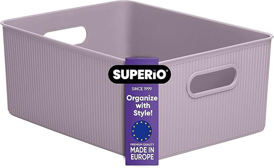 Superio Ribbed Collection - Decorative Plastic Basket Open Home Storage Bins Organizer, Large Lilac Purple (1 Pack) Container Boxes for Organizing Closet Storage Bins for Shelves 15 Liter/16 Quart
