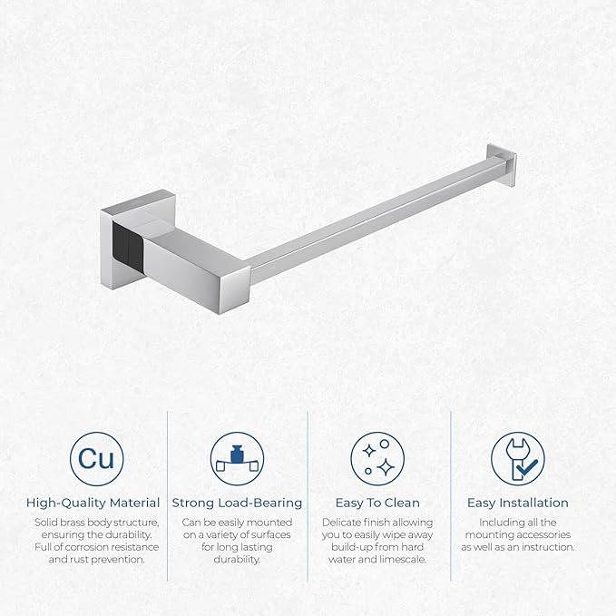 KIBI Cube 10 Inch Hand Towel Bar in Chrome Finish | Solid Brass, Wall Mounted, Rust-Resistant Finish Bathroom Towel Holder for Bathroom, Kitchen, Washroom | Modern & Durable Design (KBA1503CH)