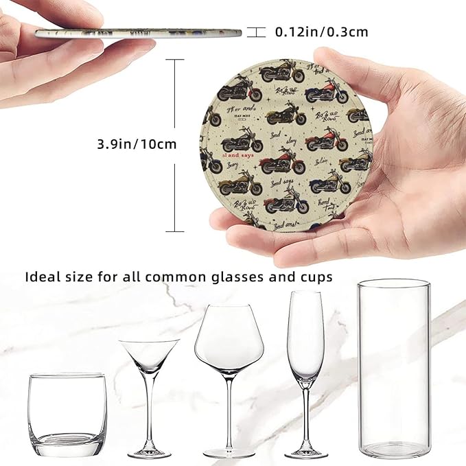 Motorcycles Leather Drinks Coasters with Holder, Set of 6, Suitable for Various Cups