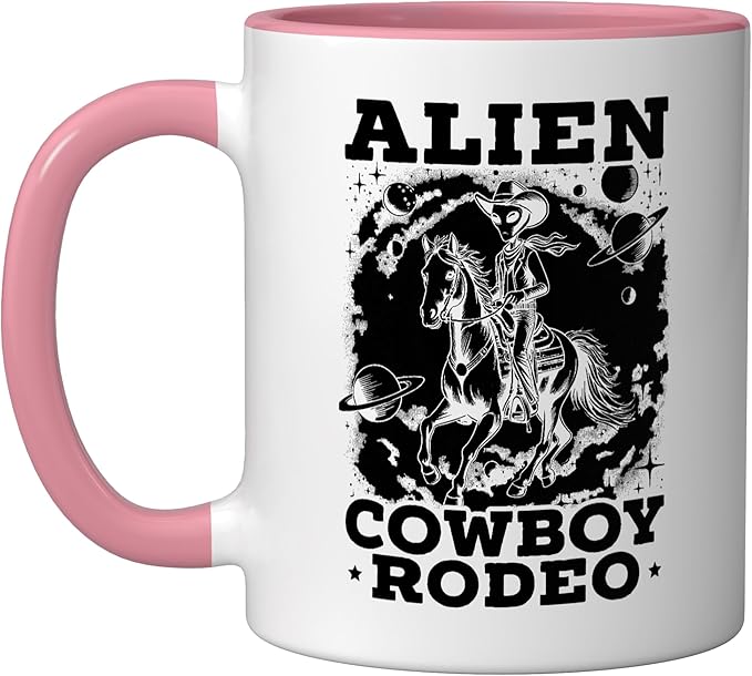 Alien Lover Flying Saucer UFO Extraterrestrial Cowboy Ceramic Mug, Pink/White