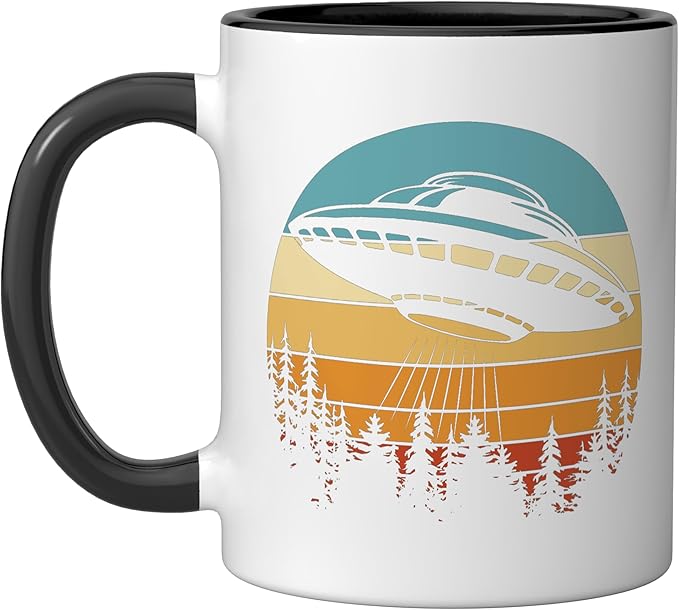 Alien UFO Flying Saucer Abduction Retro Ceramic Mug, Black/White