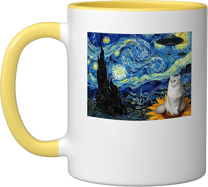 Cosmic Cat on Sunflower Space UFO Night for Men Women Ceramic Mug, Yellow/White