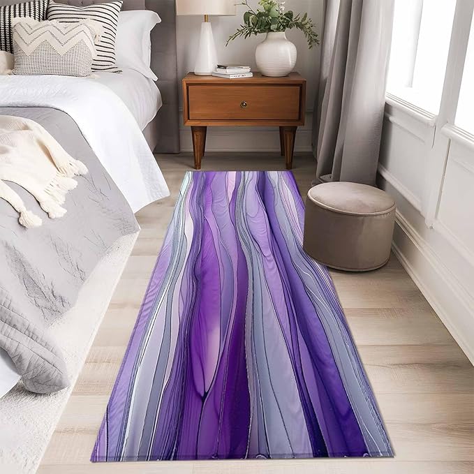 Runner Rug for Bedroom Hallway, Abstract Art Purple Gray Wave Kitchen Runner Rugs Area Rug 2x6ft, Vintage Marble Texture Washable Soft Floor Carpet for Entryway Stair