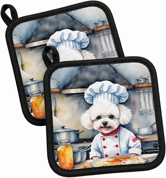 Caroline's Treasures Bichon Frise The Chef Pair of Pot Holders Kitchen Heat Resistant Pot Holders Sets Oven Hot Pads for Cooking Baking BBQ, 7 1/2 x 7 1/2
