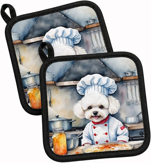 Caroline's Treasures Bichon Frise The Chef Pair of Pot Holders Kitchen Heat Resistant Pot Holders Sets Oven Hot Pads for Cooking Baking BBQ, 7 1/2 x 7 1/2