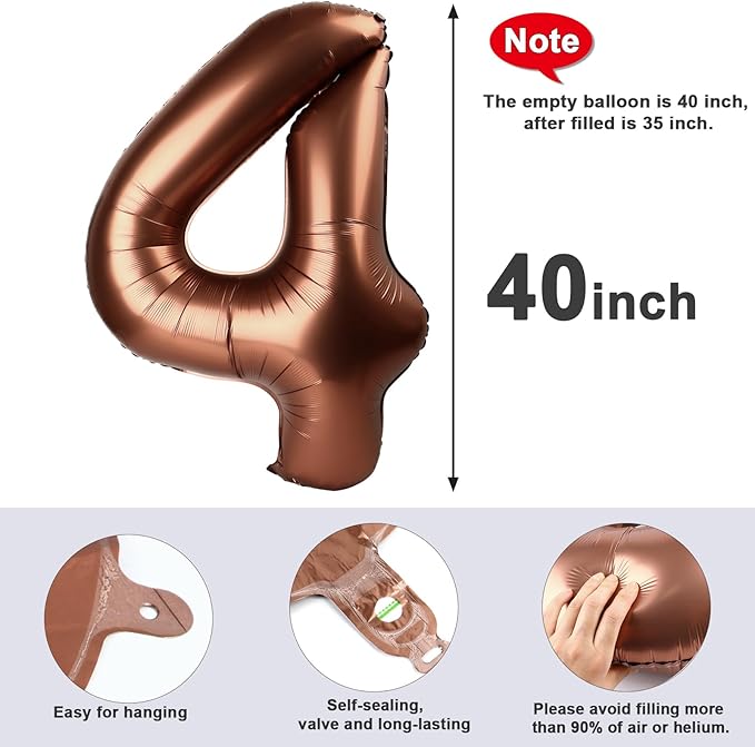40 Inch Large Number Balloon, 4 Mylar Foil Helium Coffee Brown Ballon for 4th 14 40 44 Birthday Party, Balloon Number 4 for Graduations Anniversary Baby Shower