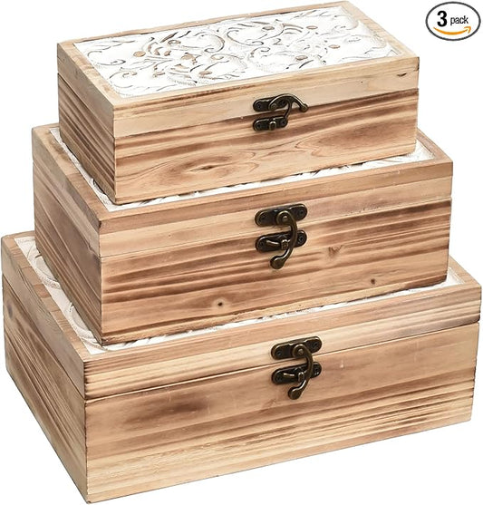 DECOR4SEASON Wooden Box Set of 3 - Rustic Farmhouse Decorative Boxes with Hinged Lid and Carved Design