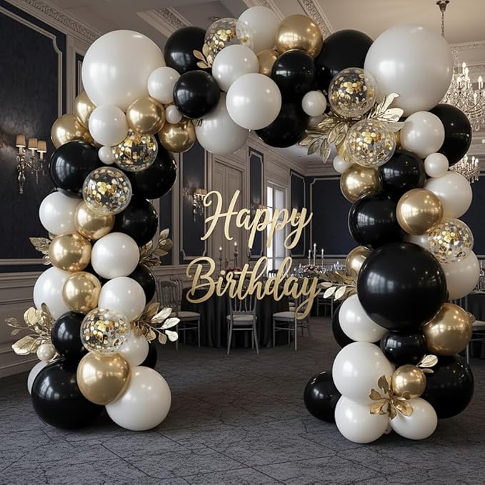 Black and Gold Balloon Arch Garland Kit 150pcs 2026 New Year's, Double Stuffed Pearl Sand White Black Chrome Gold Balloons Arch Kit for Graduation Father's Day Birthday Party Decoration