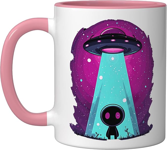 Cute Alien Abduction UFO Retro Space Sci Fi Kawaii Ceramic Mug, Pink/White