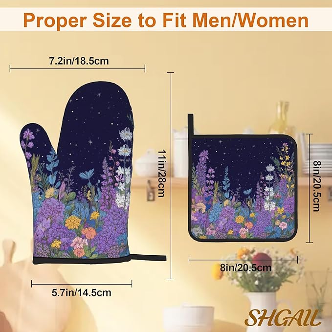Purple Blue Yellow Flower Pattern Oven Gloves and Hot Pads Set - Heatproof Hand Protection for Baking, Grilling, Cooking 4Pcs