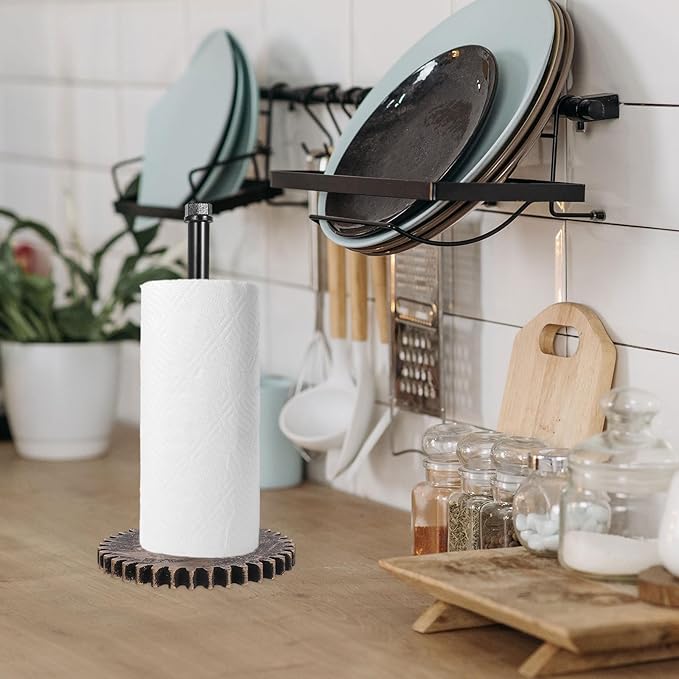 SEWACC Vintage Industrial Metal Paper Towel Holder Stand, Black Iron Countertop Napkin Roll Holder with Water Pipe Design for Kitchen and Bathroom Organization
