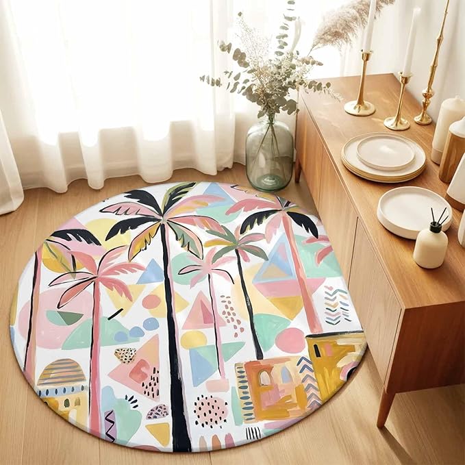 Washable Round Area Rug Boho Summer Artistic Palm Trees Circle Rugs Floor Carpet for Living Room Bedroom, Abstract Buildings Soft Non Slip Round Rug 5ft