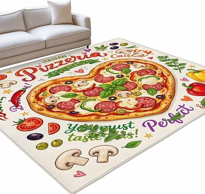 Area Rug 9x12ft, Cartoon Pizza Watercolor Graffiti Washable Rugs for Living Room Bedroom Rectangle Floor Carpet, Farmhouse Vegetable Leaves Soft Non-Slip Area Rugs for Dining Room