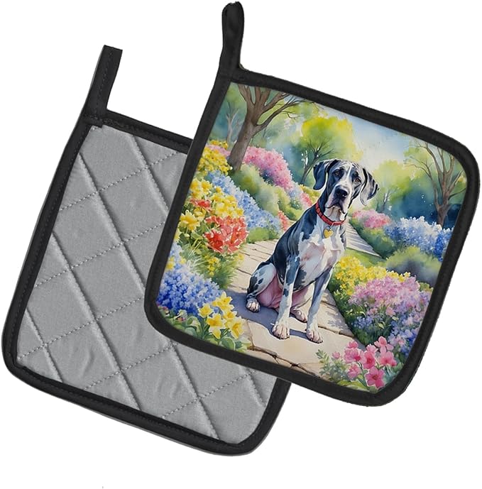 Caroline's Treasures Great Dane Spring Path Pair of Pot Holders Kitchen Heat Resistant Pot Holders Sets Oven Hot Pads for Cooking Baking BBQ, 7 1/2 x 7 1/2