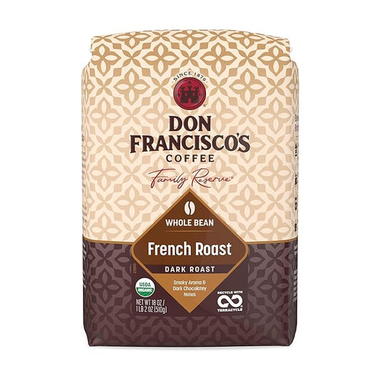 Don Francisco's Organic French Roast Whole Bean Coffee, Dark Roast – 100% Arabica Coffee, 18 oz Bag