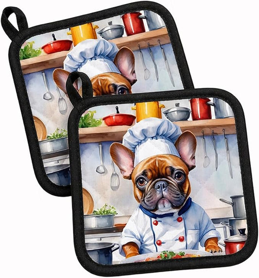 Caroline's Treasures French Bulldog The Chef Pair of Pot Holders Kitchen Heat Resistant Pot Holders Sets Oven Hot Pads for Cooking Baking BBQ, 7 1/2 x 7 1/2