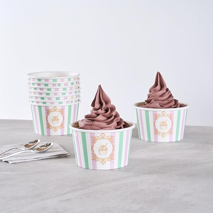 Coppetta 8 Ounce Dessert Cups, 50 Greaseproof Ice Cream Cups - Lids Sold Separately, For Hot And Cold Foods, Purple And Blue Stripe Paper Yogurt Bowls, Disposable, Sturdy - Restaurantware