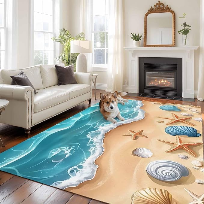 Area Rug 6x9ft, Summer Beach Shell Starfish Washable Rugs for Living Room Bedroom, Marine Life Cartoon Style Soft Non-Slip Area Rugs Rectangle Floor Carpet for Dining Room