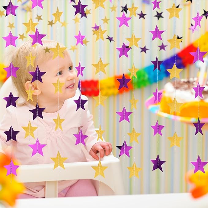 Patelai 130 Feet Glitter Star Garland Banner 2026 Party Decoration Double Side Star Hanging String Streamer Paper Twinkle for Graduation Wedding Birthday (Gold and Purple)