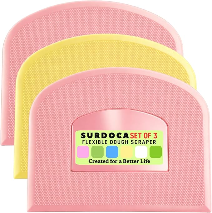 SURDOCA Dough Scraper Bench Scraper - 3P 10.6x6.7" Plastic Flexible Bowl Scraper, Sharp Edge & Angles Cake Scraper. Non-Slip Bakeware Decorating Tools Sculpting & Modeling Tools - Pink+Yellow+Pink