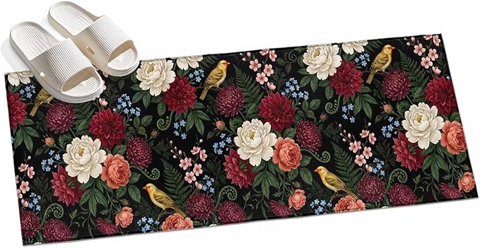 Runner Rug for Bedroom Hallway, Pastoral Colorful Flower Leaf Kitchen Runner Rugs Area Rug 2x6ft, Country Blossom Floral Bird Washable Soft Floor Carpet for Entryway Stair