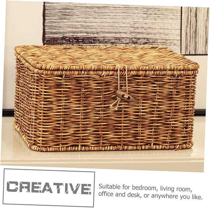 FRCOLOR Imitation Rattan Storage Box with Lid Woven Organizing Sundry Box for Bedroom Bathroom Living Office Neat Orderly Accessory Storage
